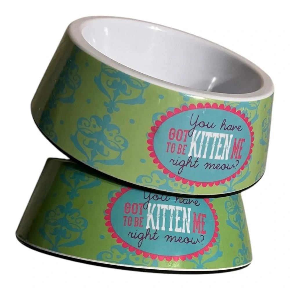 Cat food & water bowls melamine green blue pink cat face in bottom kitch phrase.